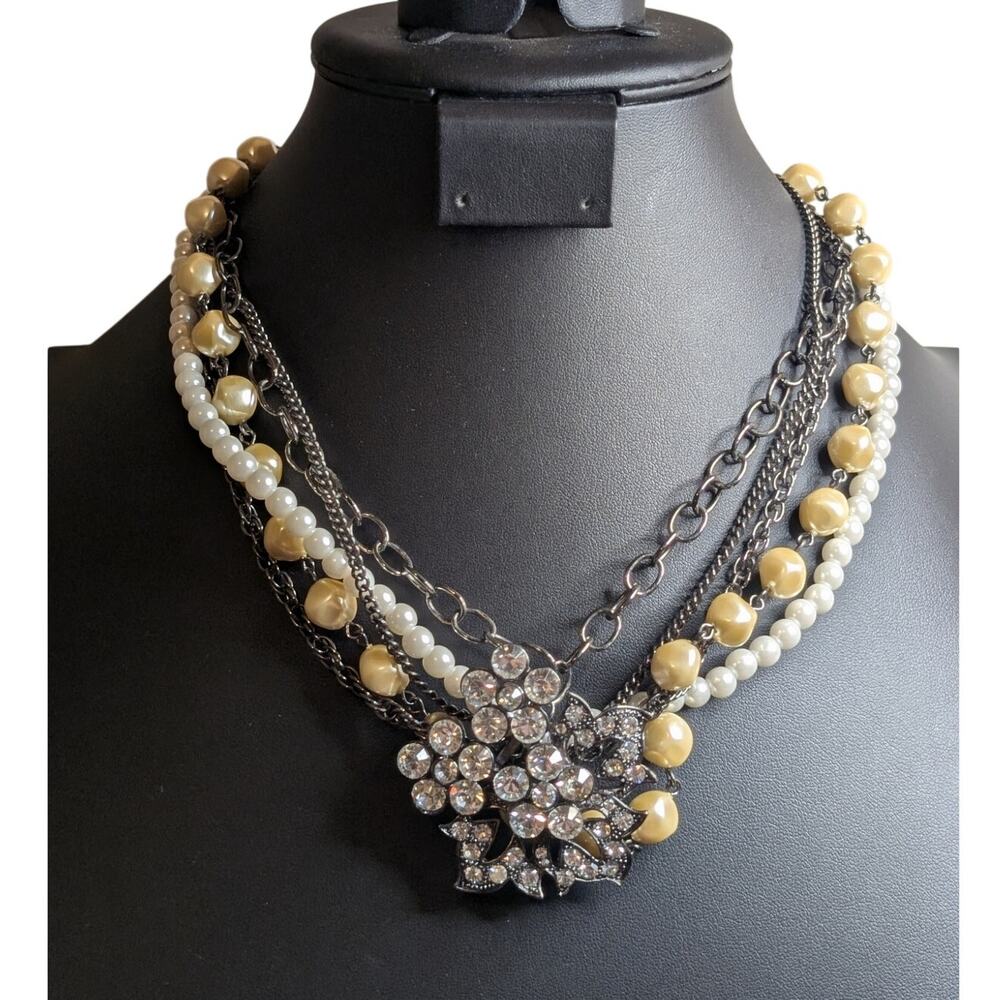 Express Layered Faux Pearl Rhinestone Flower Multi Chain Necklace